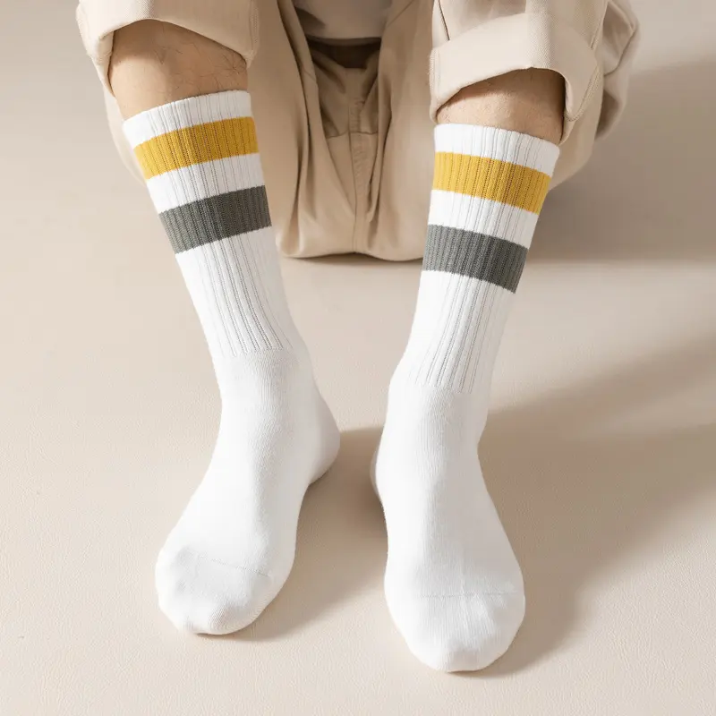Old School Cotton Stripe Crew Socks - Mustard & Charcoal