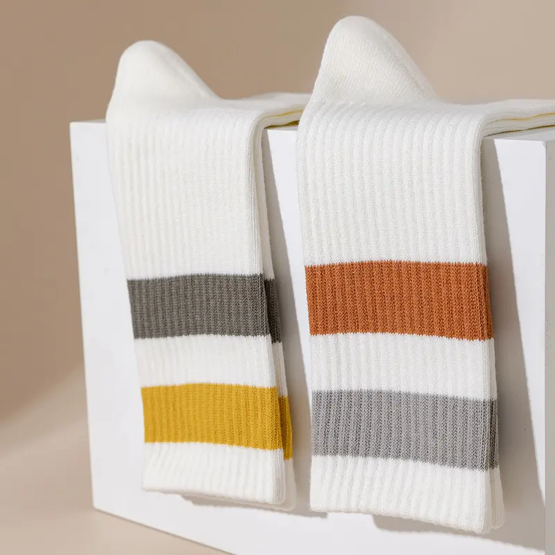 Old School Cotton Stripe Crew Socks - Mustard & Charcoal - Image 3